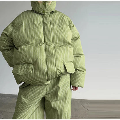 Chic Striped Hooded Puffer Coat Set