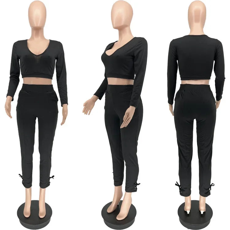 Plus Size Sexy Loose Fit Casual Two-Piece Set for plus Size Women V-Neck Pure Color Pantsuit Fashionable And Comfortable Ense...