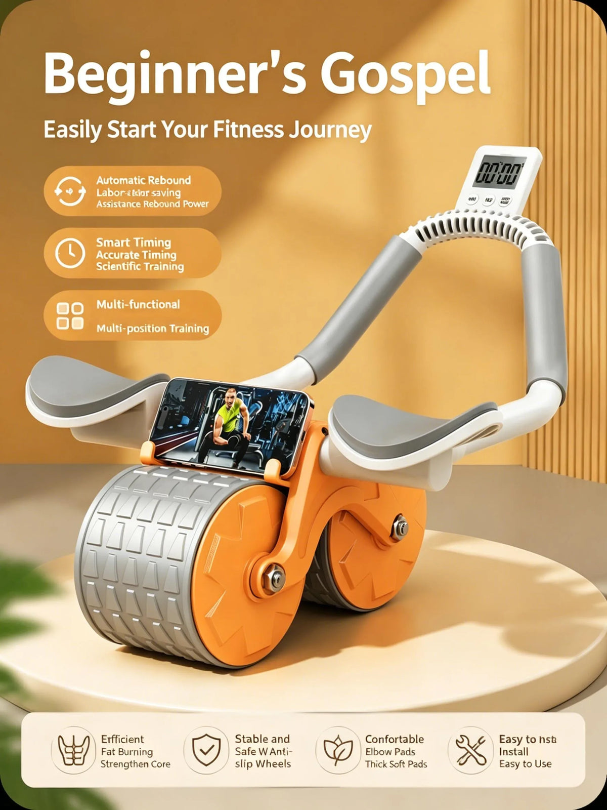 New Ab Roller Wheel with Knee Mat & Timer Automatic with Elbow Support
