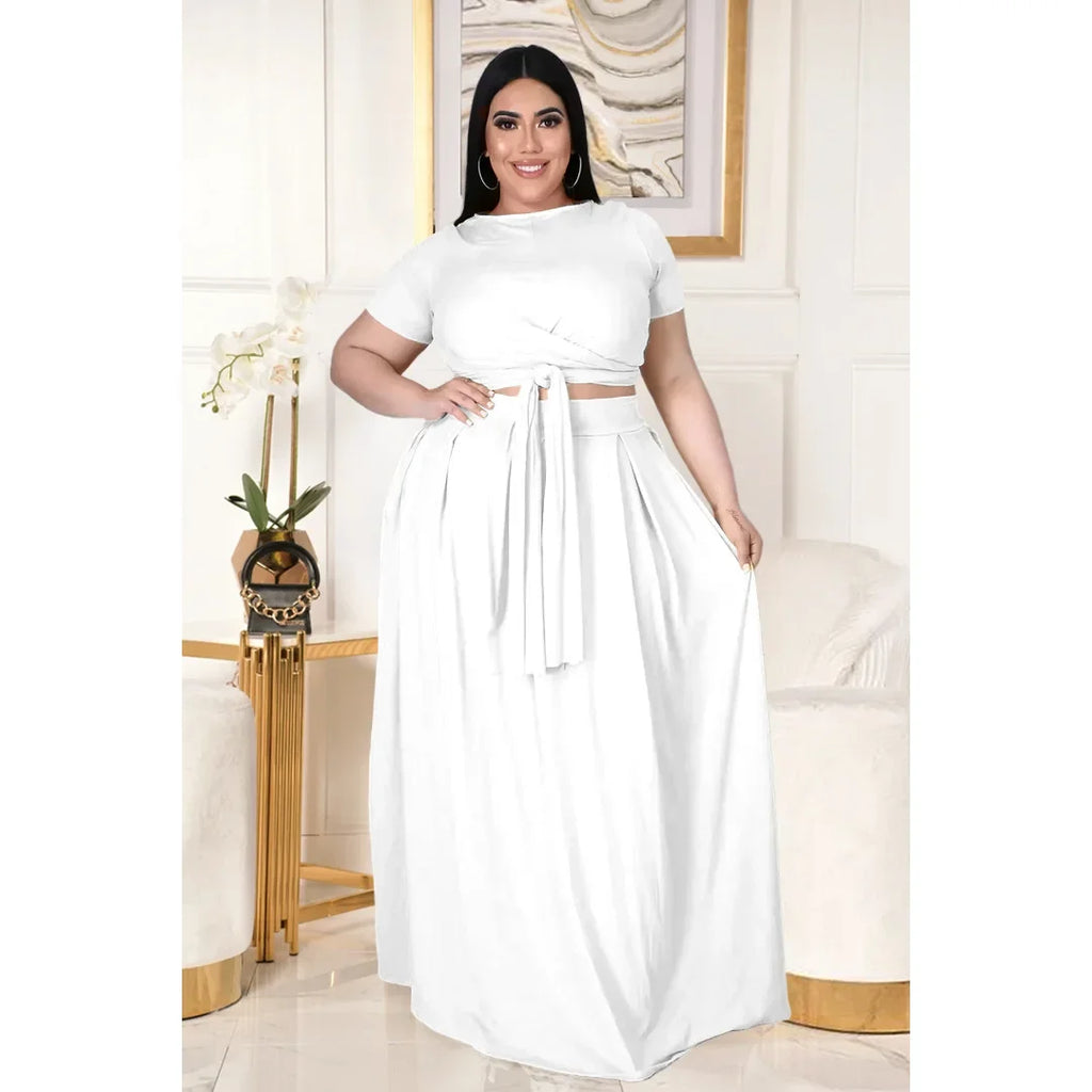 Plus Size Fashionable plus Size Women's Outfit Crossed Belted Skirt Two-Piece Set Solid Color Wide Hemline Stylish Ensemble