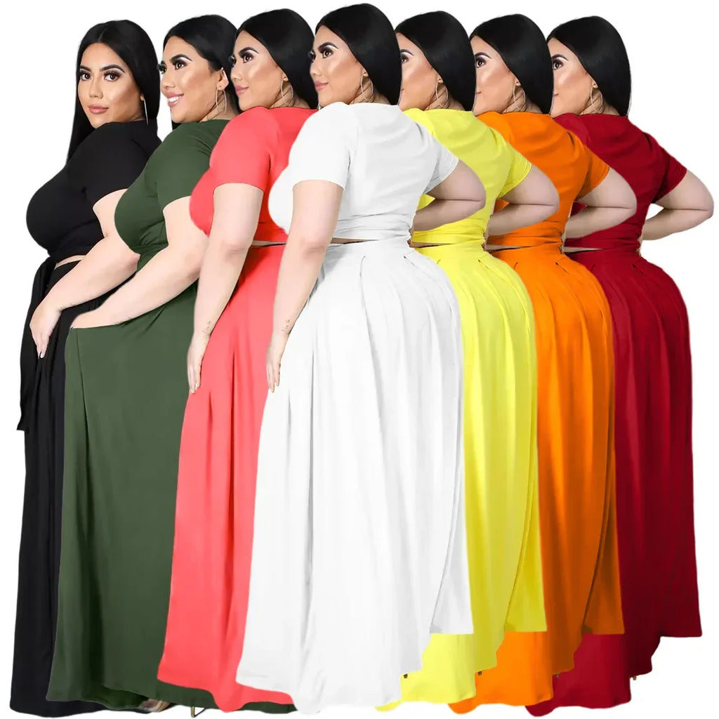 Plus Size Fashionable plus Size Women's Outfit Crossed Belted Skirt Two-Piece Set Solid Color Wide Hemline Stylish Ensemble