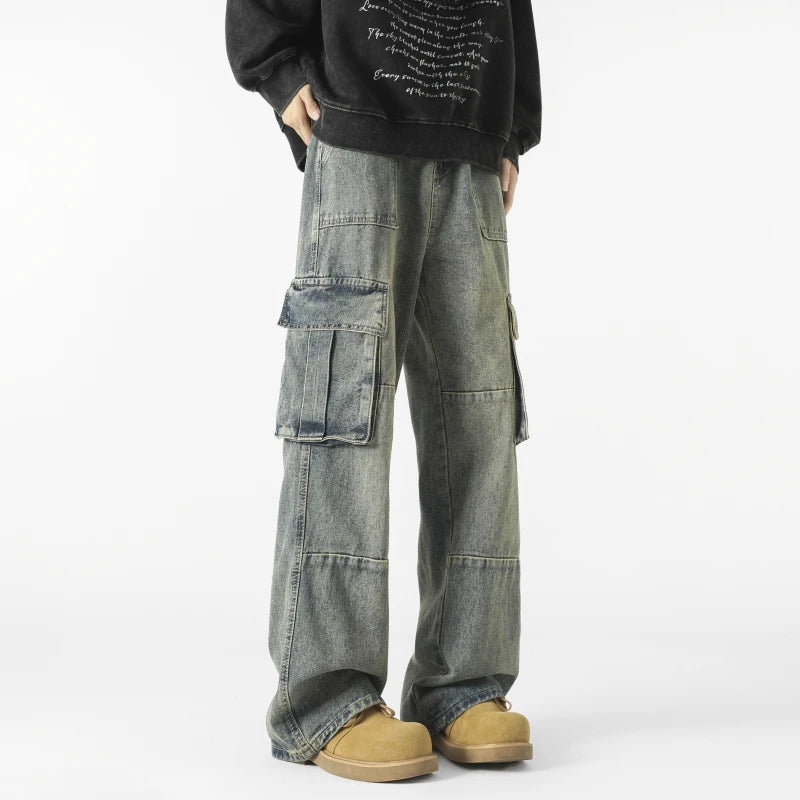 Men's Loose Fit Straight Wide Leg Cargo Jeans