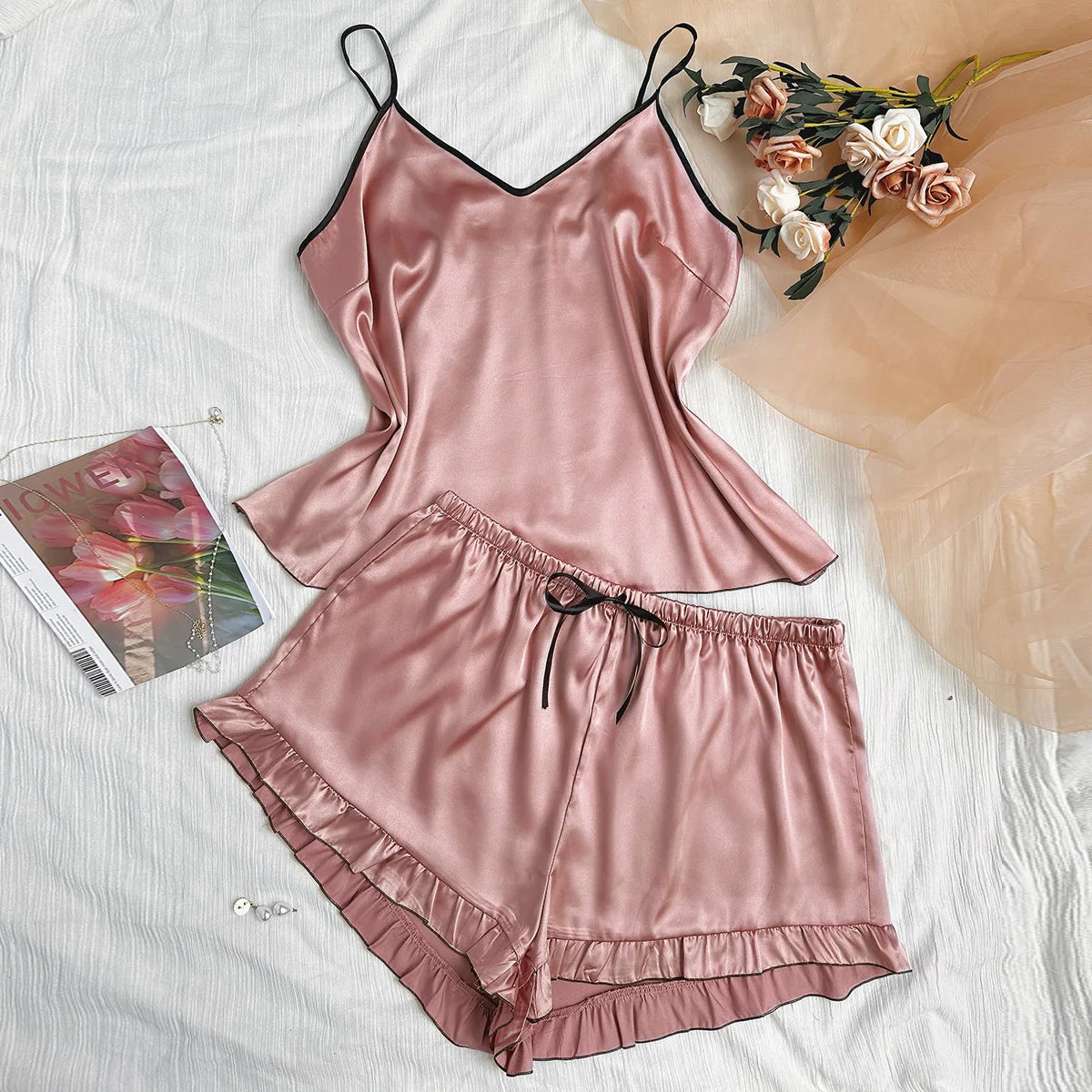 Plus Size High Waist Satin Pajama Set