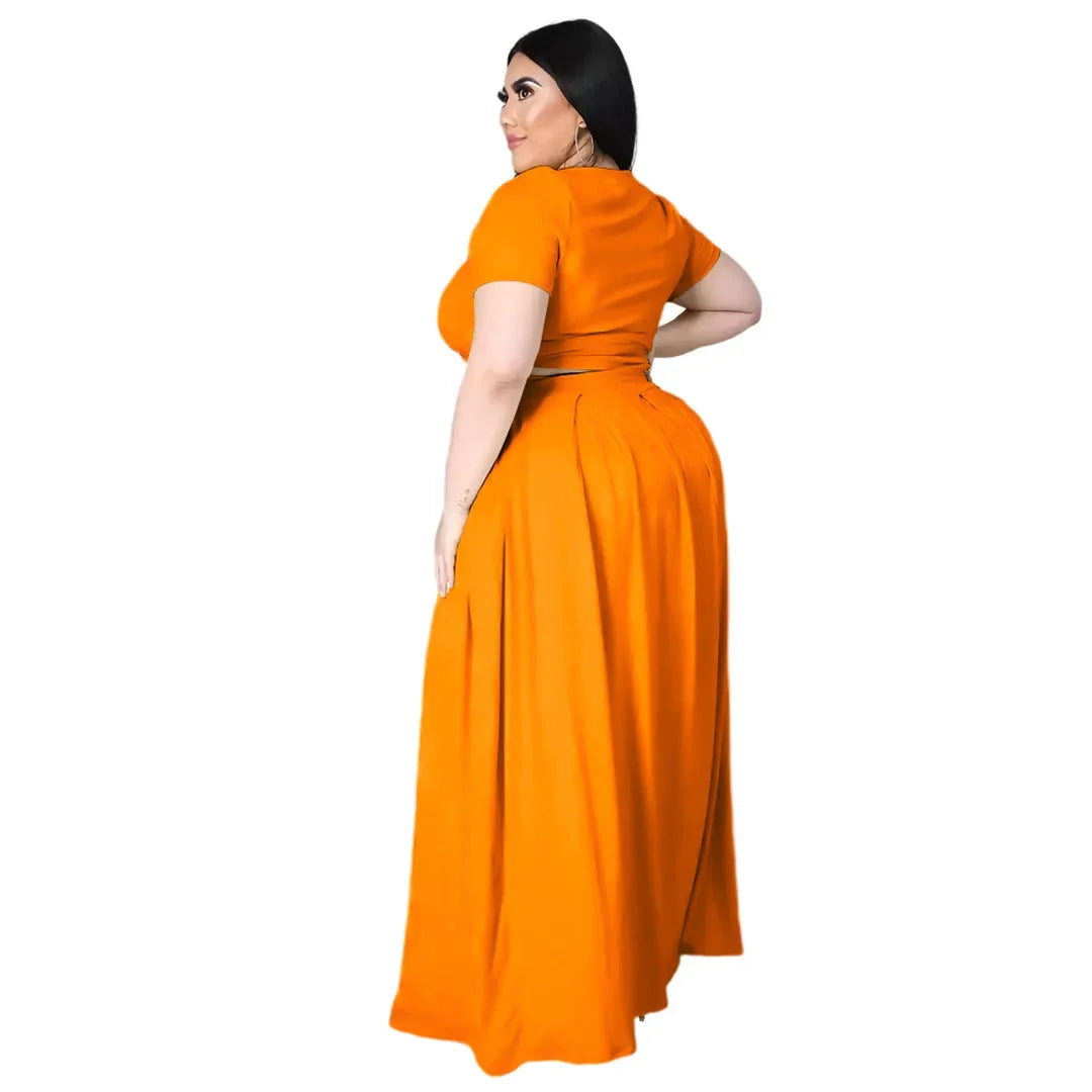 Plus Size Fashionable plus Size Women's Outfit Crossed Belted Skirt Two-Piece Set Solid Color Wide Hemline Stylish Ensemble