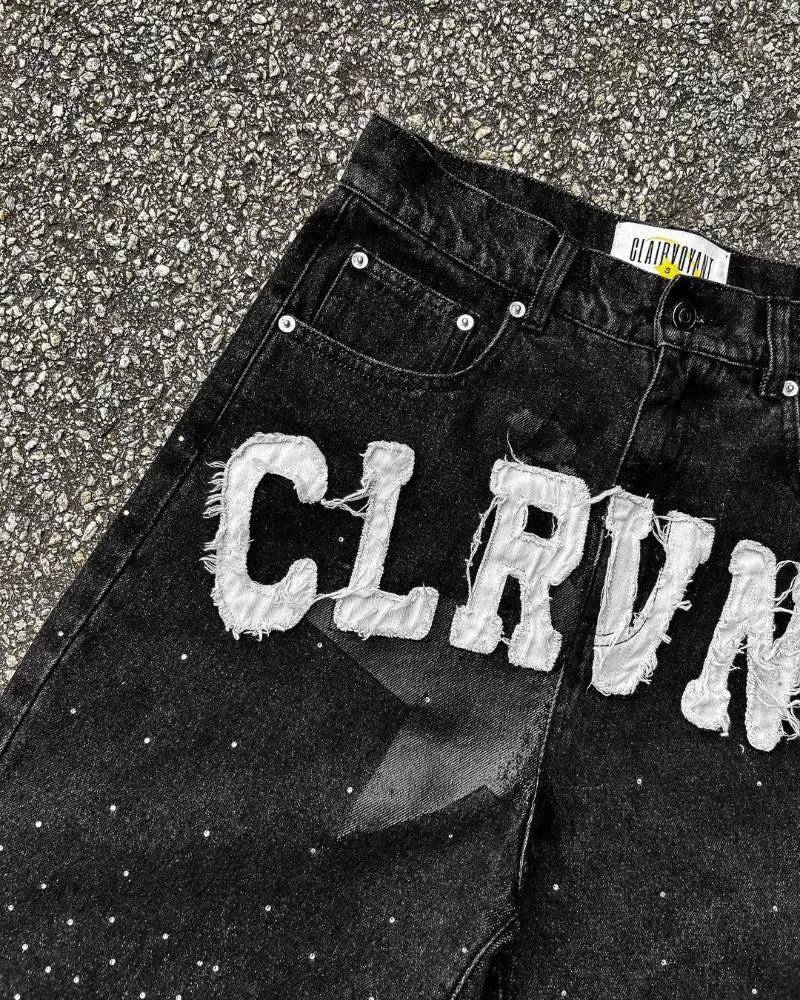 Beaded Letter Embroidery Oversized Denim Shorts