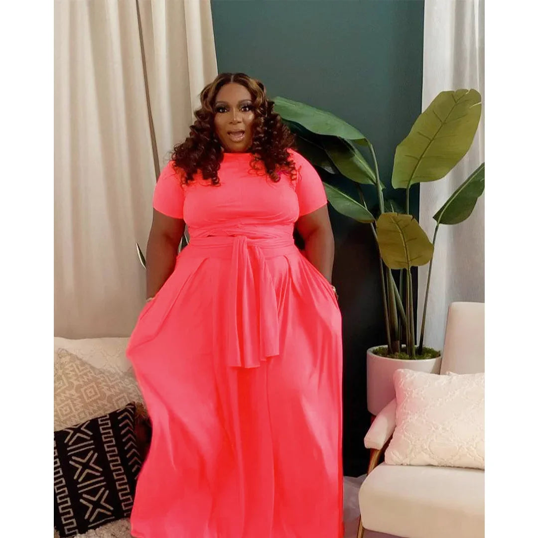 Plus Size Fashionable plus Size Women's Outfit Crossed Belted Skirt Two-Piece Set Solid Color Wide Hemline Stylish Ensemble