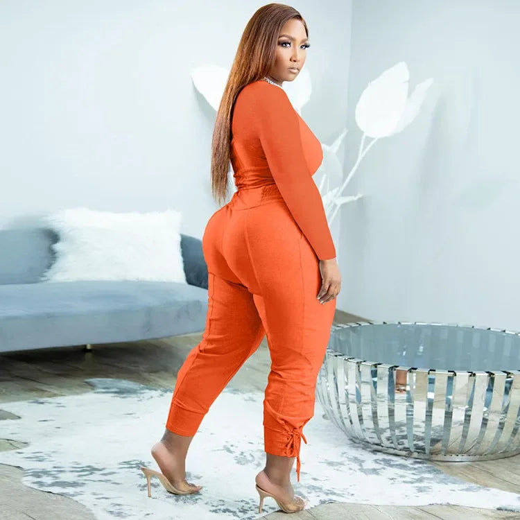 Plus Size Sexy Loose Fit Casual Two-Piece Set for plus Size Women V-Neck Pure Color Pantsuit Fashionable And Comfortable Ense...