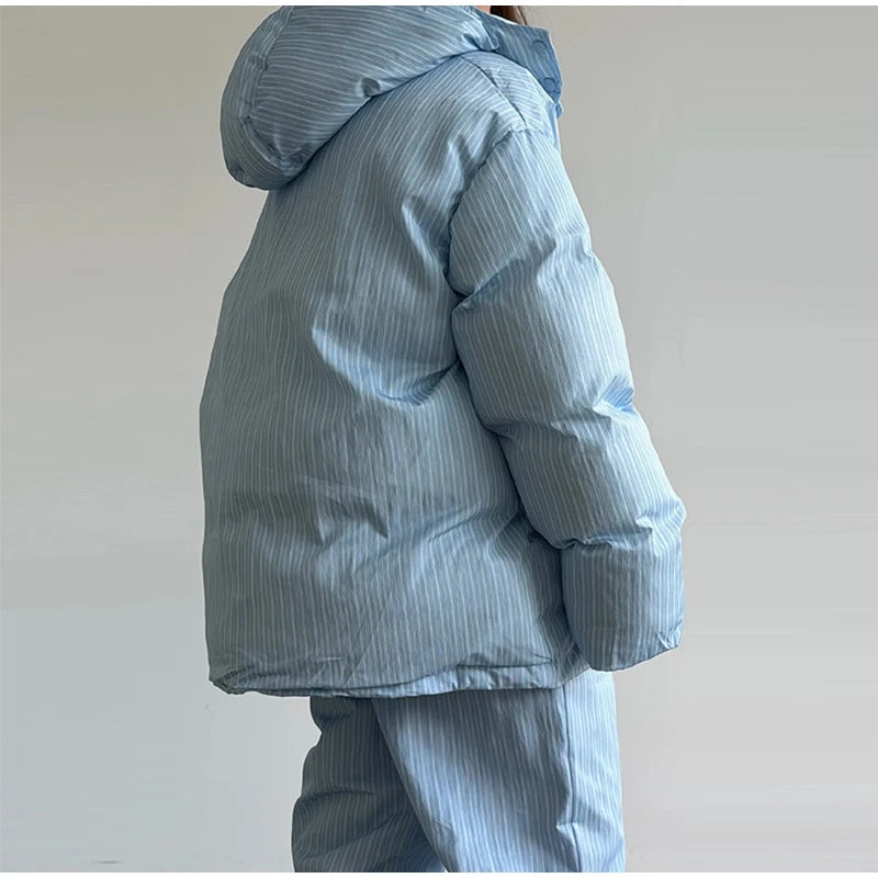 Chic Striped Hooded Puffer Coat Set