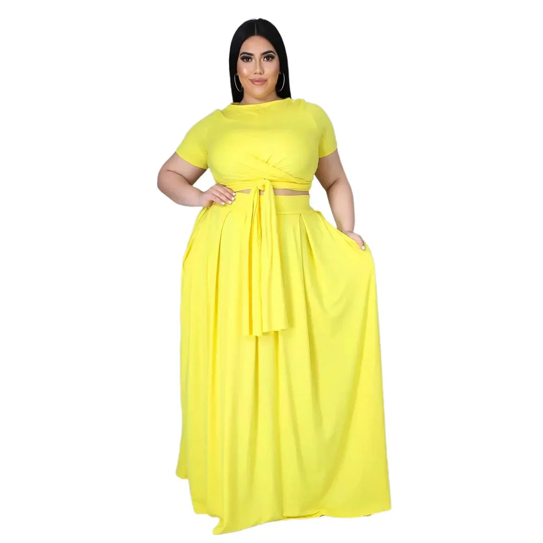 Plus Size Fashionable plus Size Women's Outfit Crossed Belted Skirt Two-Piece Set Solid Color Wide Hemline Stylish Ensemble