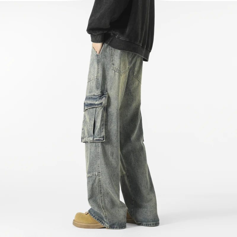 Men's Loose Fit Straight Wide Leg Cargo Jeans