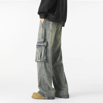 Men's Loose Fit Straight Wide Leg Cargo Jeans