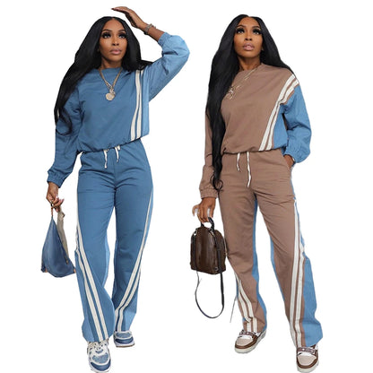 Stripe Full Sleeve Sweatshirt and Drawstring Long Pants 2 Piece Sets