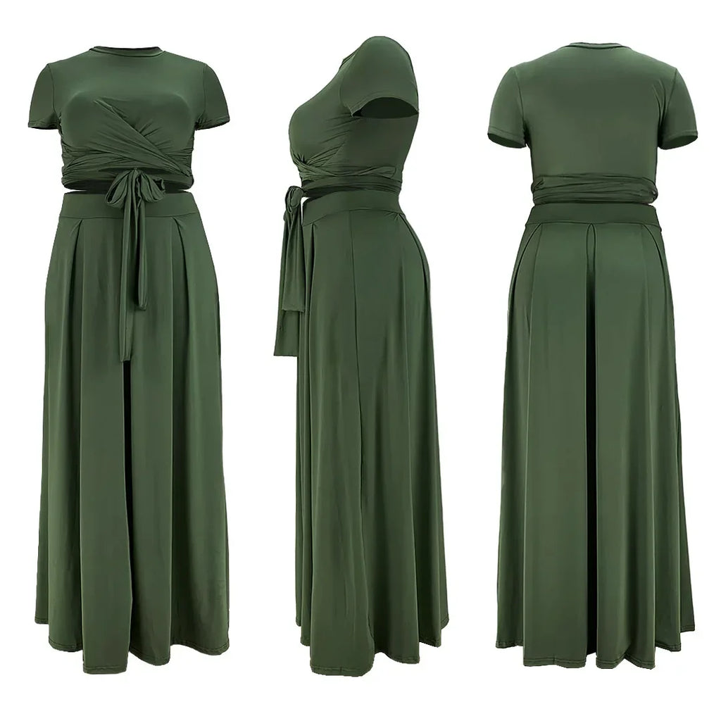 Plus Size Fashionable plus Size Women's Outfit Crossed Belted Skirt Two-Piece Set Solid Color Wide Hemline Stylish Ensemble