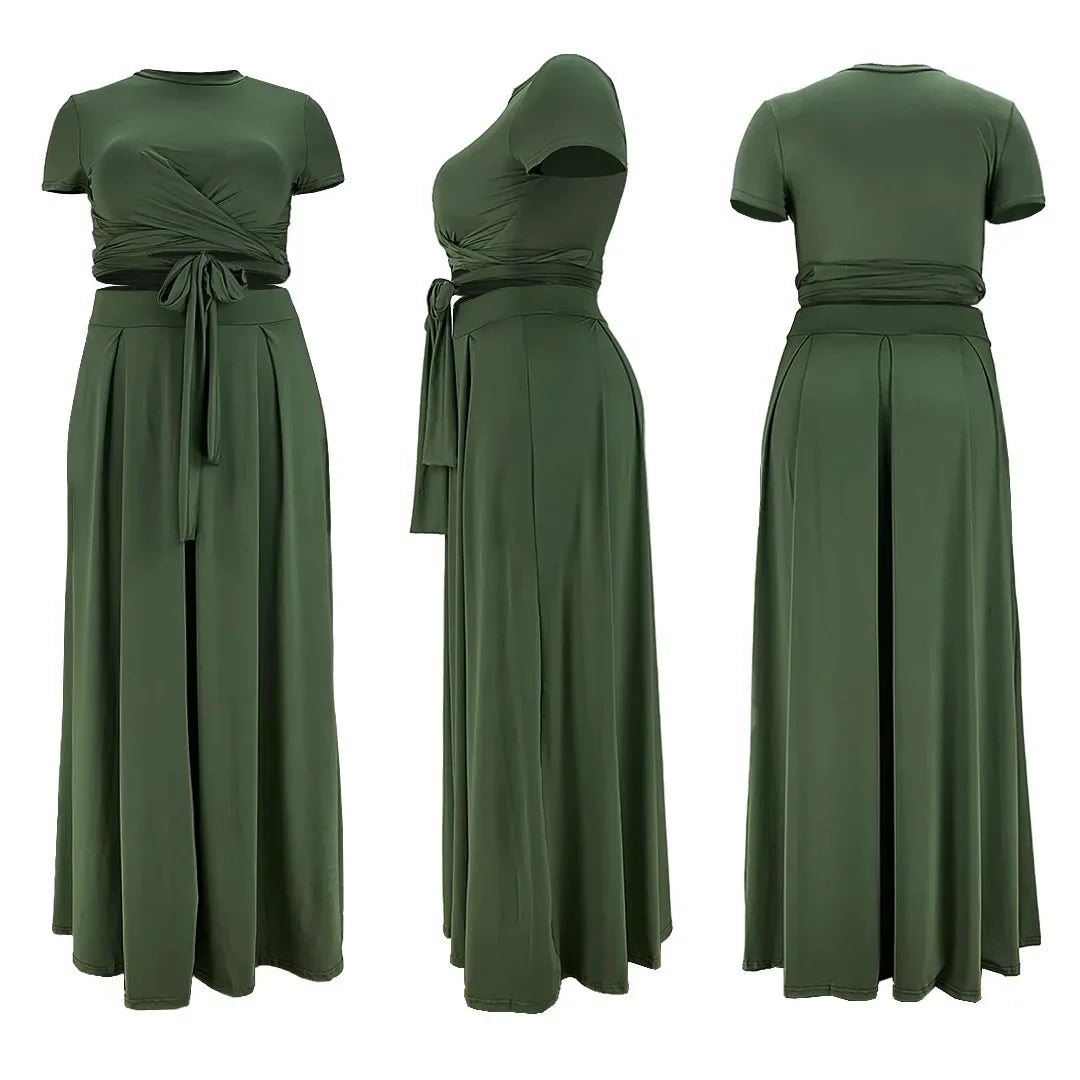 Plus Size Fashionable plus Size Women's Outfit Crossed Belted Skirt Two-Piece Set Solid Color Wide Hemline Stylish Ensemble