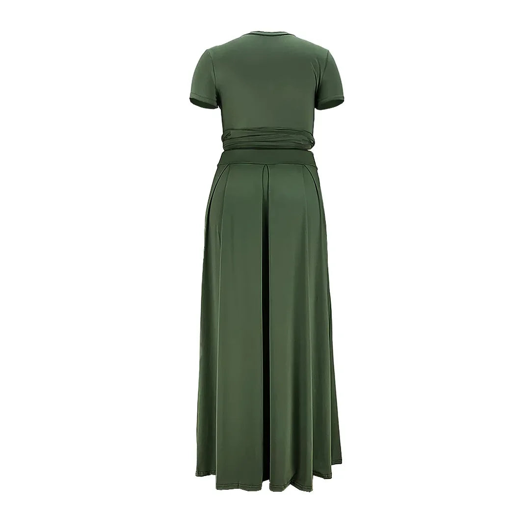 Plus Size Fashionable plus Size Women's Outfit Crossed Belted Skirt Two-Piece Set Solid Color Wide Hemline Stylish Ensemble