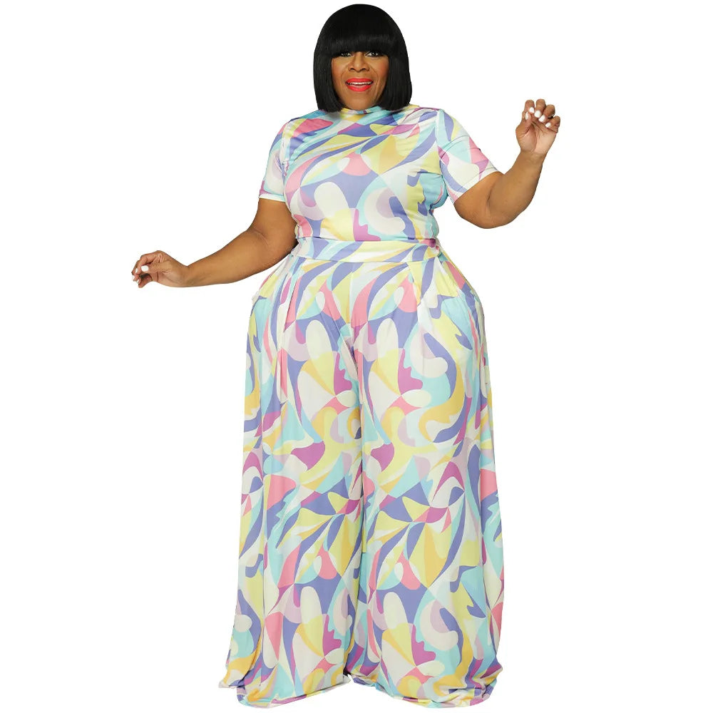 XL-4XL Plus Size Pant Suits 2022 Summer Women Clothing Printing Straps Short Sleeve Crew Neck Casual Two Piece Sets Wholesale