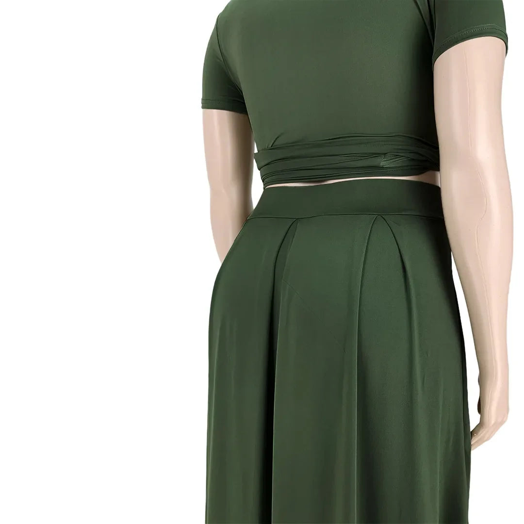Plus Size Fashionable plus Size Women's Outfit Crossed Belted Skirt Two-Piece Set Solid Color Wide Hemline Stylish Ensemble