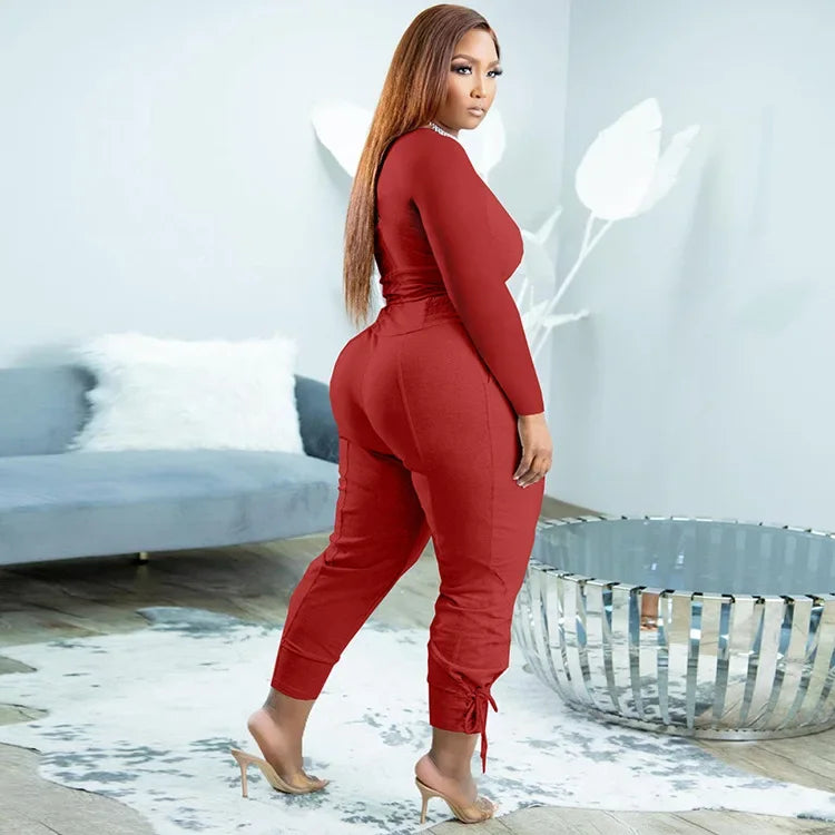 Plus Size Sexy Loose Fit Casual Two-Piece Set for plus Size Women V-Neck Pure Color Pantsuit Fashionable And Comfortable Ense...