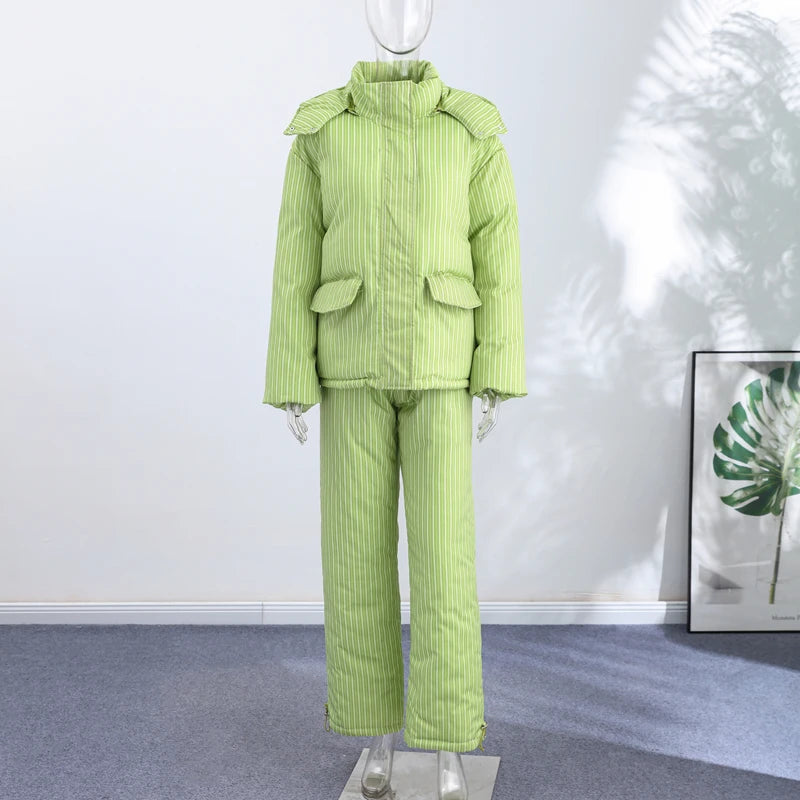 Chic Striped Hooded Puffer Coat Set