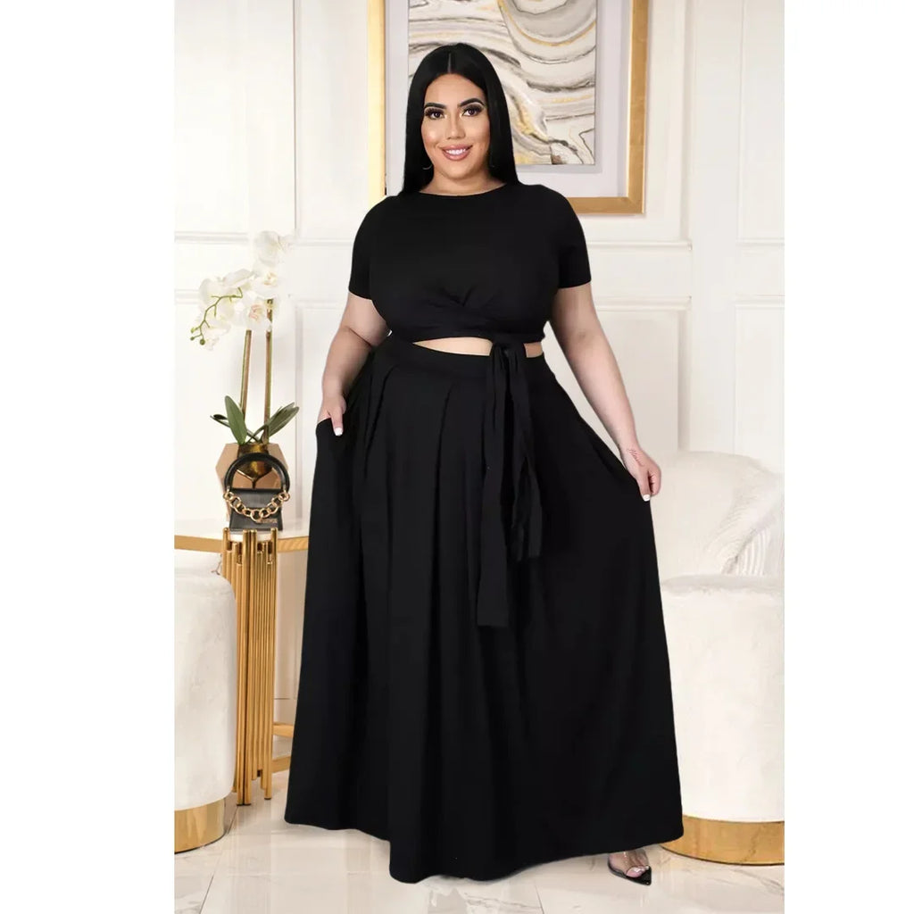 Plus Size Fashionable plus Size Women's Outfit Crossed Belted Skirt Two-Piece Set Solid Color Wide Hemline Stylish Ensemble