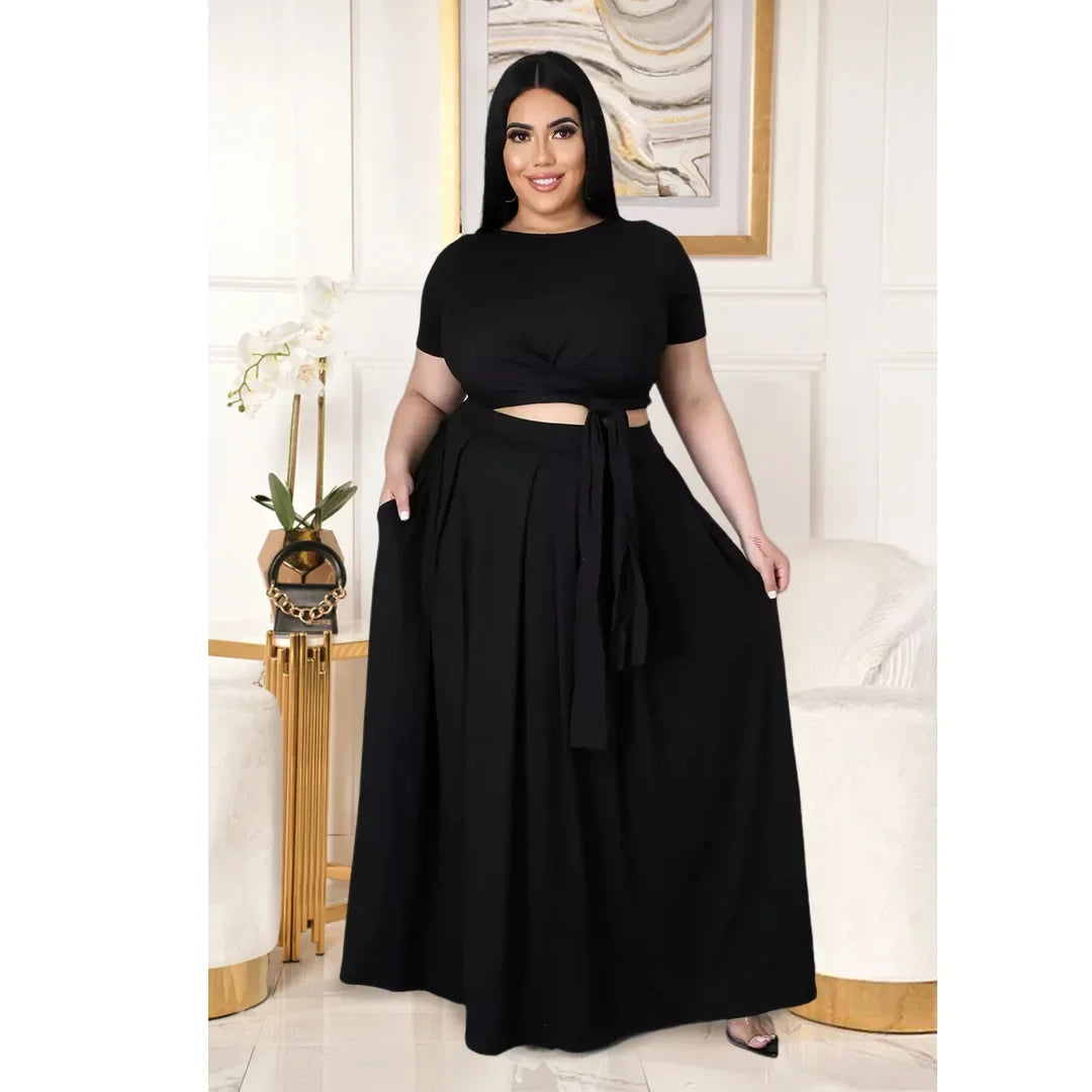 Plus Size Fashionable plus Size Women's Outfit Crossed Belted Skirt Two-Piece Set Solid Color Wide Hemline Stylish Ensemble