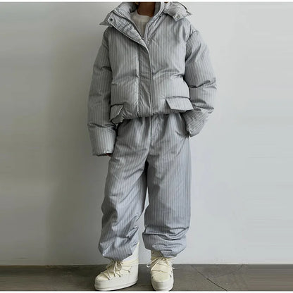 Chic Striped Hooded Puffer Coat Set