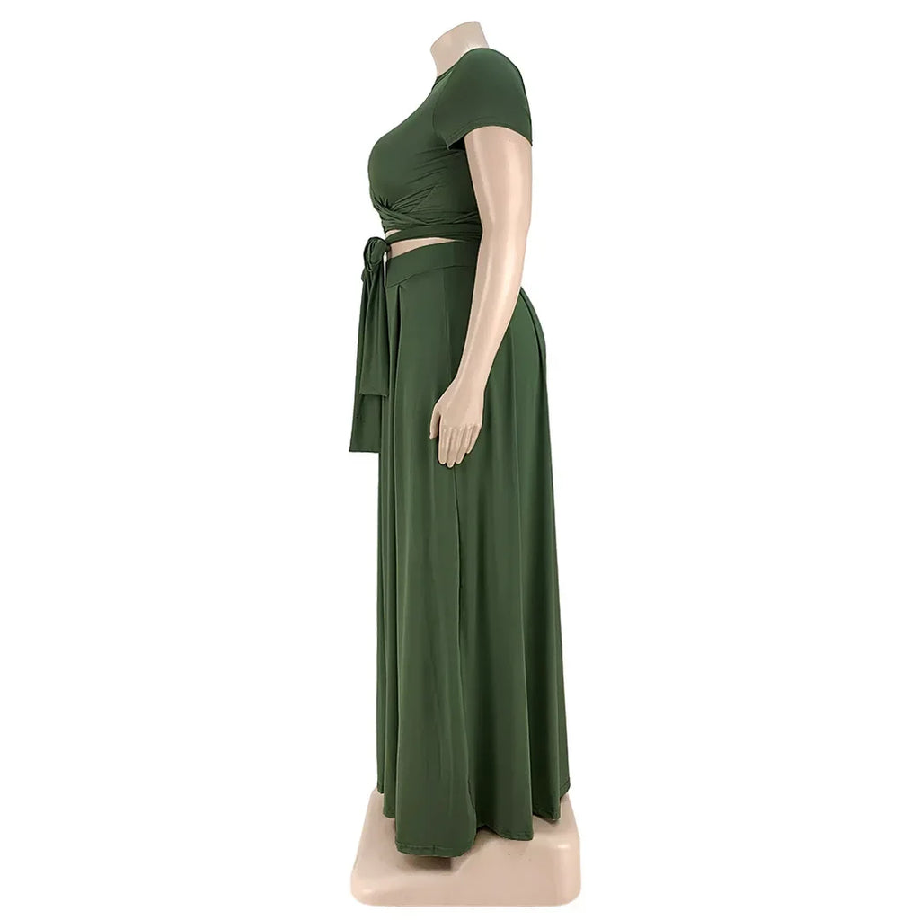 Plus Size Fashionable plus Size Women's Outfit Crossed Belted Skirt Two-Piece Set Solid Color Wide Hemline Stylish Ensemble