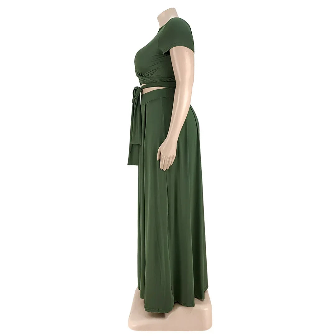 Plus Size Fashionable plus Size Women's Outfit Crossed Belted Skirt Two-Piece Set Solid Color Wide Hemline Stylish Ensemble