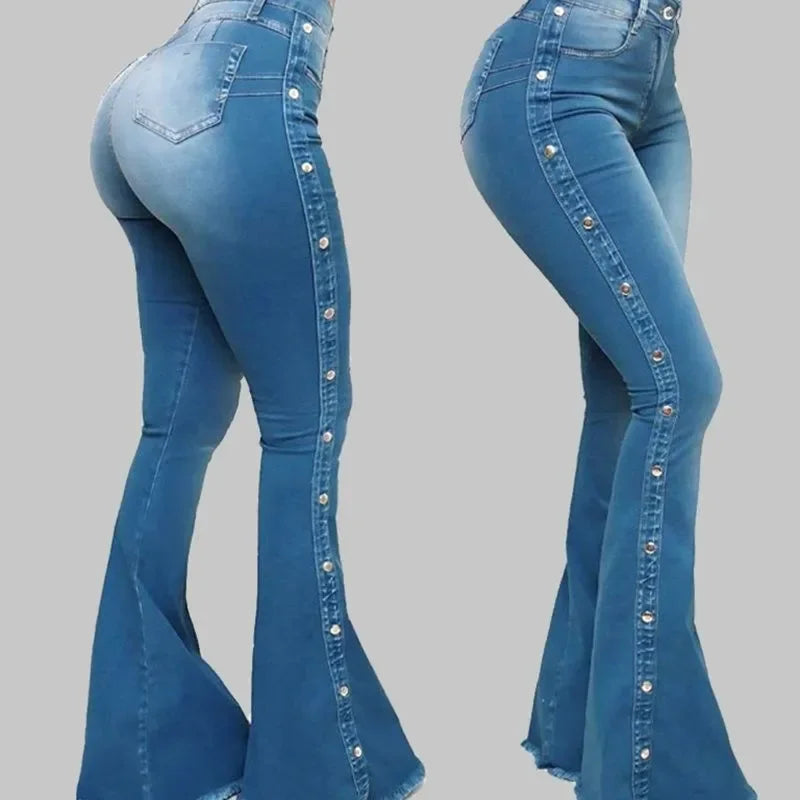 Women High Waist Stretch Denim Flare Pants