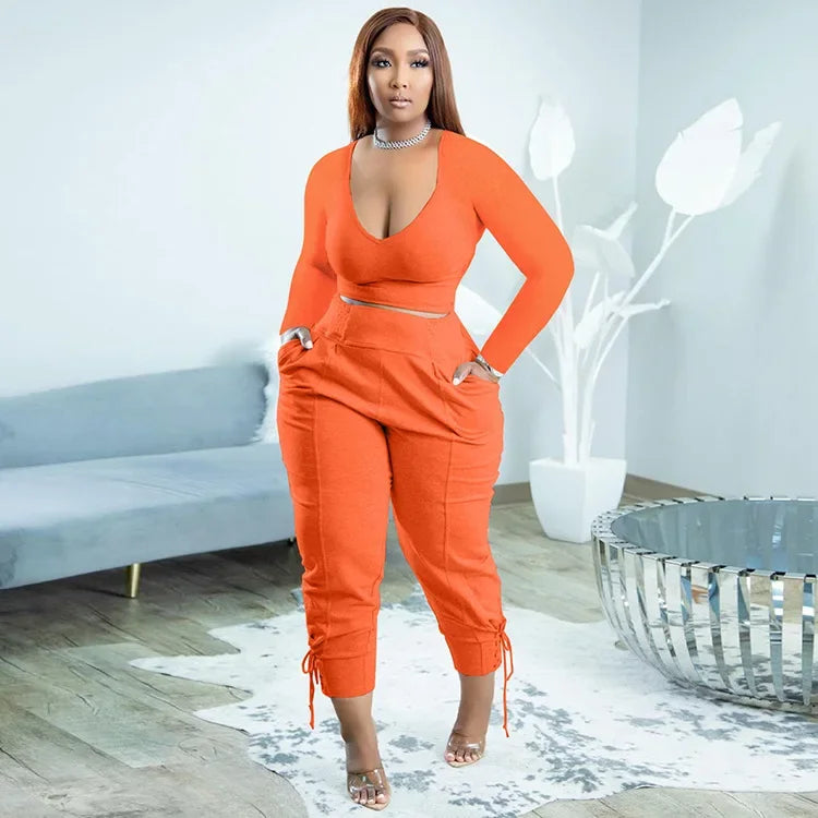 Plus Size Sexy Loose Fit Casual Two-Piece Set for plus Size Women V-Neck Pure Color Pantsuit Fashionable And Comfortable Ense...