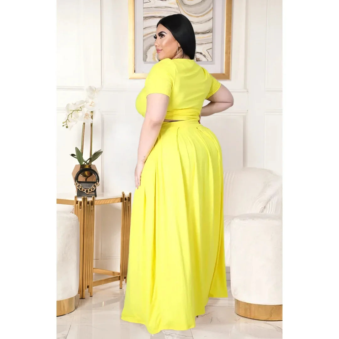 Plus Size Fashionable plus Size Women's Outfit Crossed Belted Skirt Two-Piece Set Solid Color Wide Hemline Stylish Ensemble
