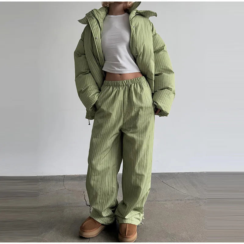 Chic Striped Hooded Puffer Coat Set
