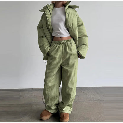 Chic Striped Hooded Puffer Coat Set
