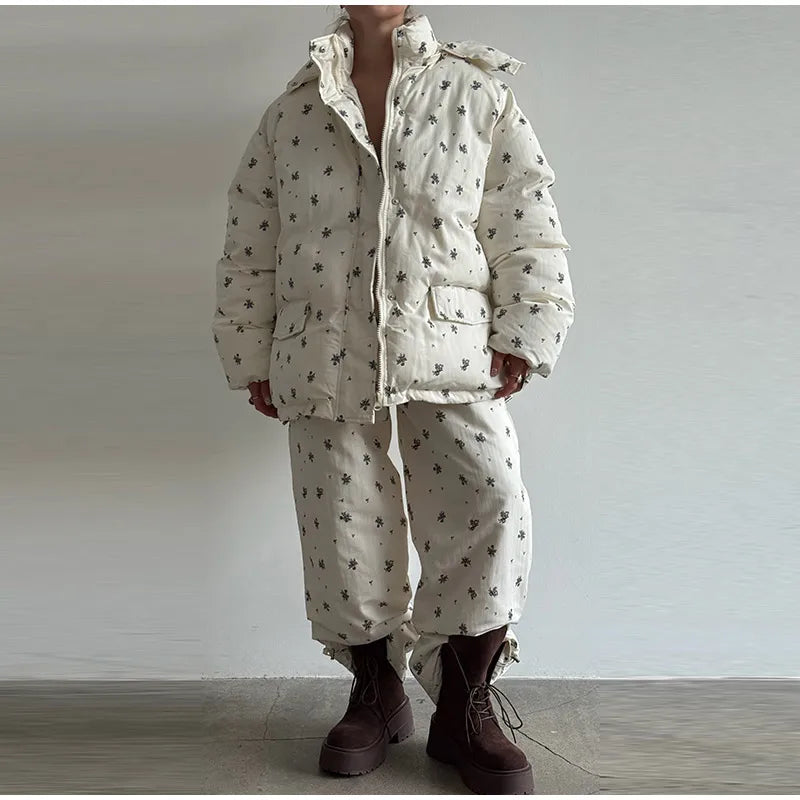 Chic Striped Hooded Puffer Coat Set