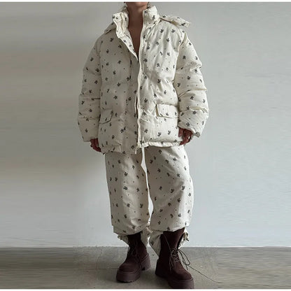 Chic Striped Hooded Puffer Coat Set