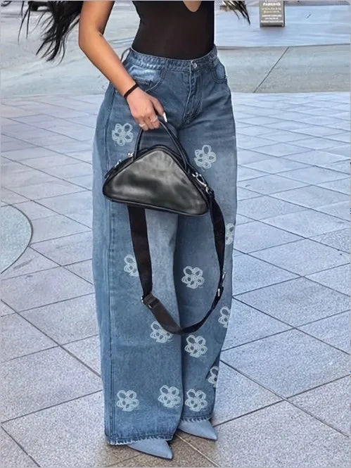 Floral Print High Waist Straight Leg Casual Jeans