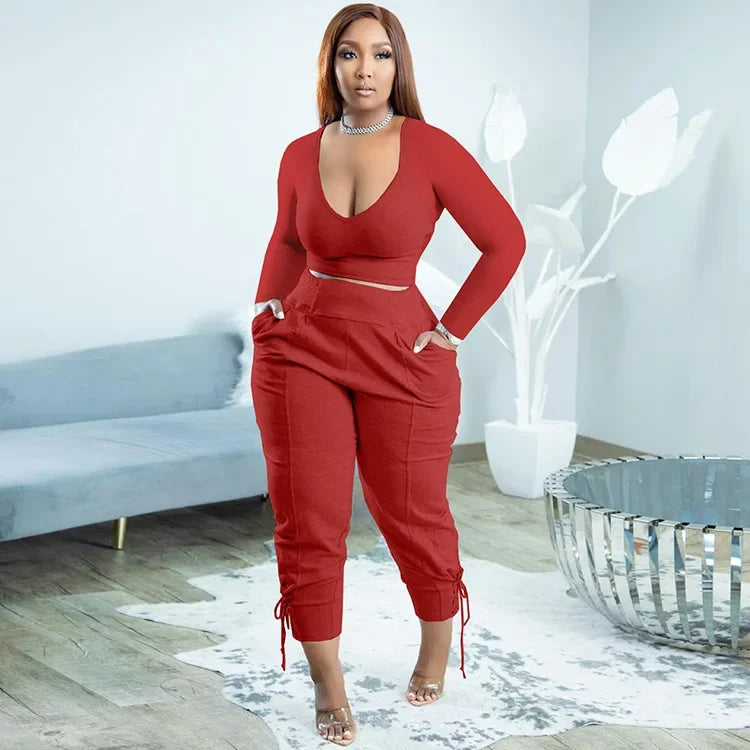 Plus Size Sexy Loose Fit Casual Two-Piece Set for plus Size Women V-Neck Pure Color Pantsuit Fashionable And Comfortable Ense...
