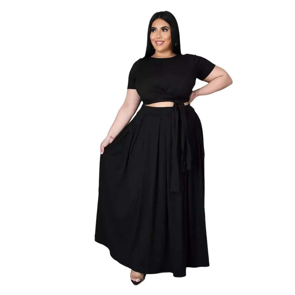 Plus Size Fashionable plus Size Women's Outfit Crossed Belted Skirt Two-Piece Set Solid Color Wide Hemline Stylish Ensemble