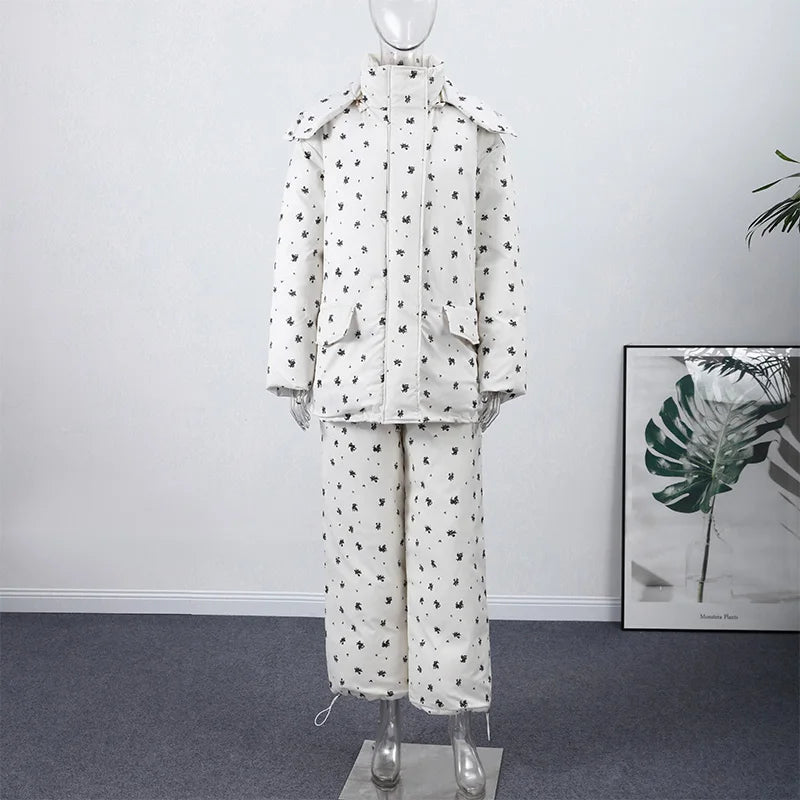 Chic Striped Hooded Puffer Coat Set