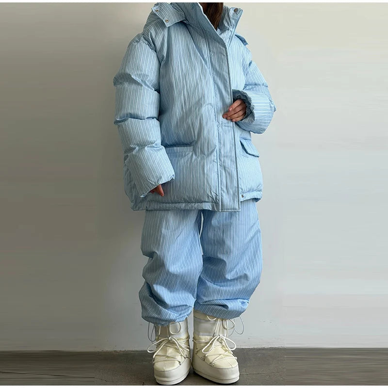 Chic Striped Hooded Puffer Coat Set