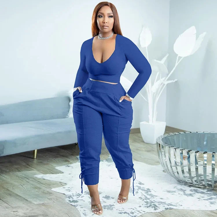 Plus Size Sexy Loose Fit Casual Two-Piece Set for plus Size Women V-Neck Pure Color Pantsuit Fashionable And Comfortable Ense...