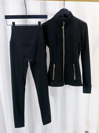Gold zipper jacket and yoga pants set