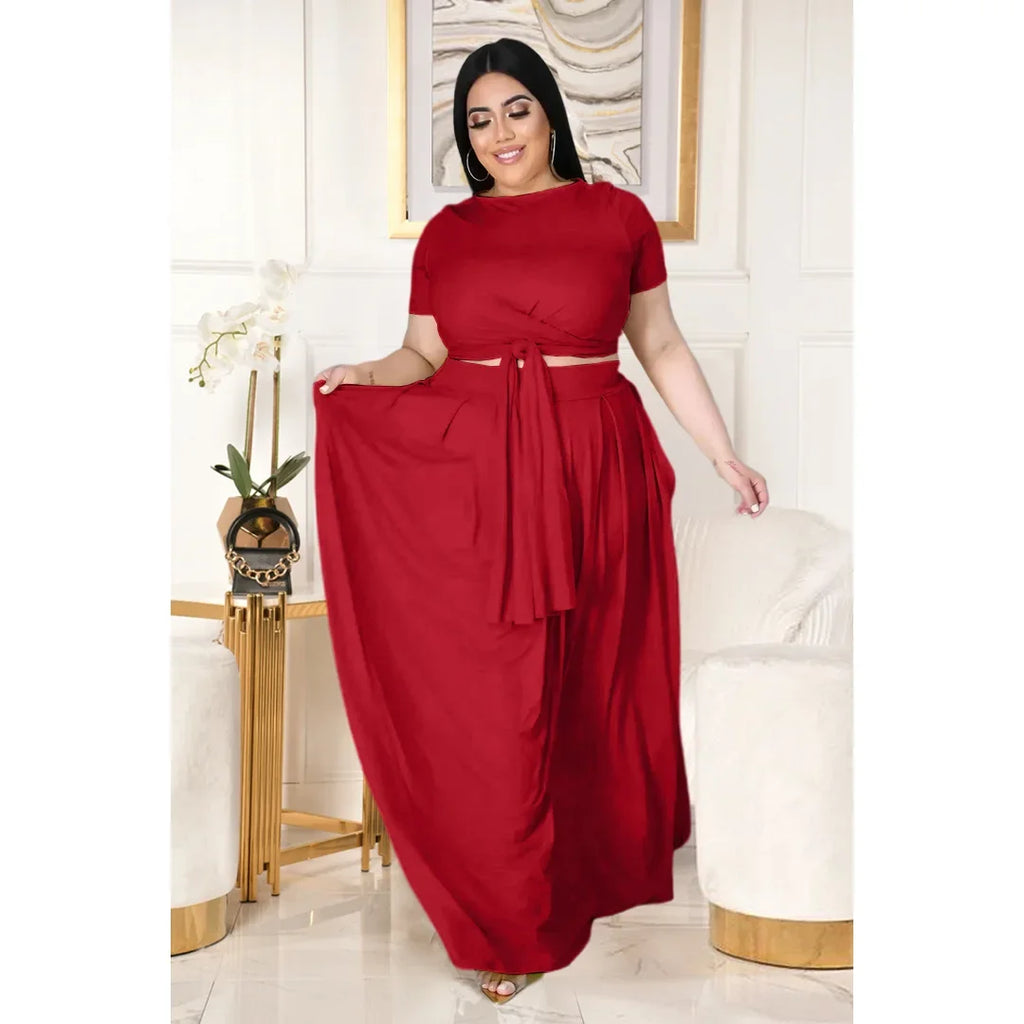 Plus Size Fashionable plus Size Women's Outfit Crossed Belted Skirt Two-Piece Set Solid Color Wide Hemline Stylish Ensemble
