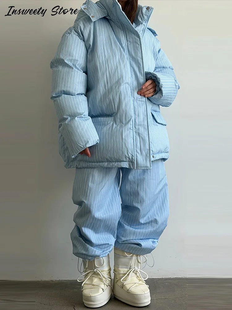 Chic Striped Hooded Puffer Coat Set