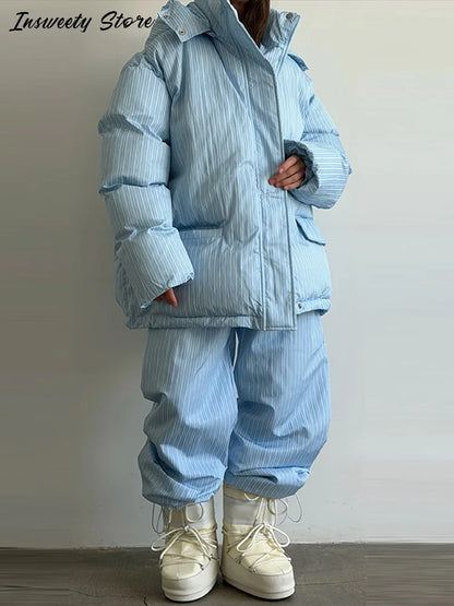 Chic Striped Hooded Puffer Coat Set
