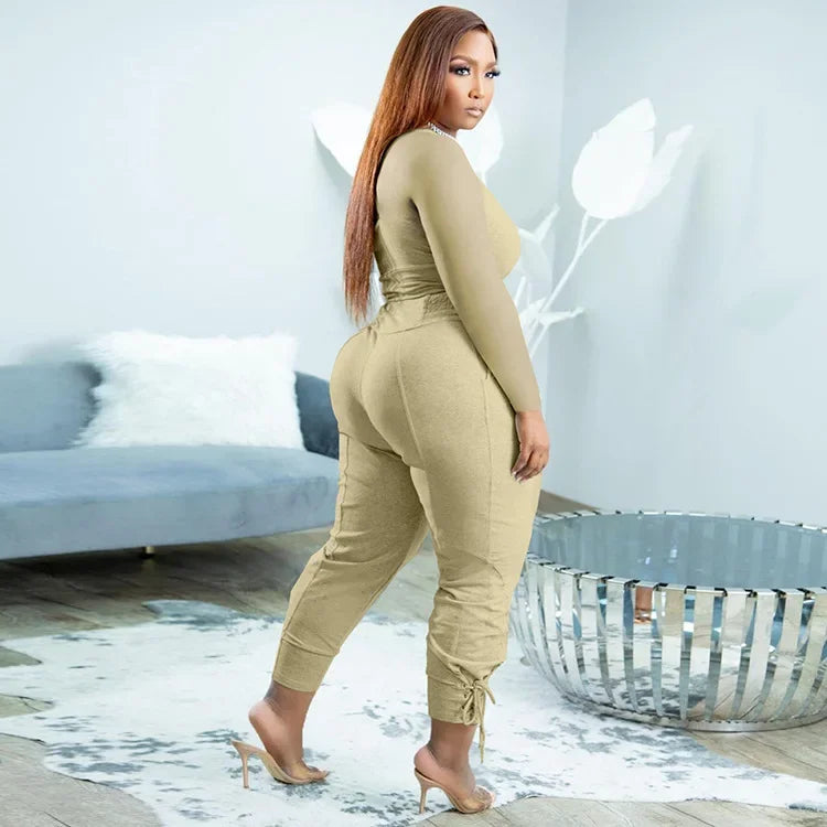 Plus Size Sexy Loose Fit Casual Two-Piece Set for plus Size Women V-Neck Pure Color Pantsuit Fashionable And Comfortable Ense...