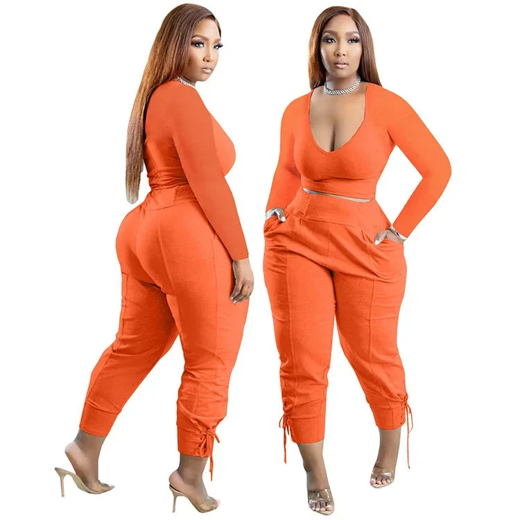 Plus Size Sexy Loose Fit Casual Two-Piece Set for plus Size Women V-Neck Pure Color Pantsuit Fashionable And Comfortable Ense...