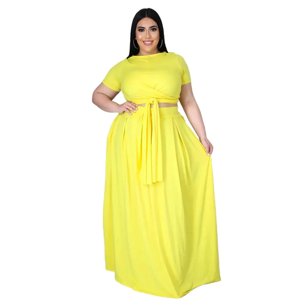 Plus Size Fashionable plus Size Women's Outfit Crossed Belted Skirt Two-Piece Set Solid Color Wide Hemline Stylish Ensemble