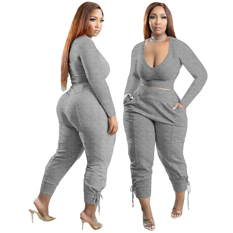 Plus Size Sexy Loose Fit Casual Two-Piece Set for plus Size Women V-Neck Pure Color Pantsuit Fashionable And Comfortable Ense...