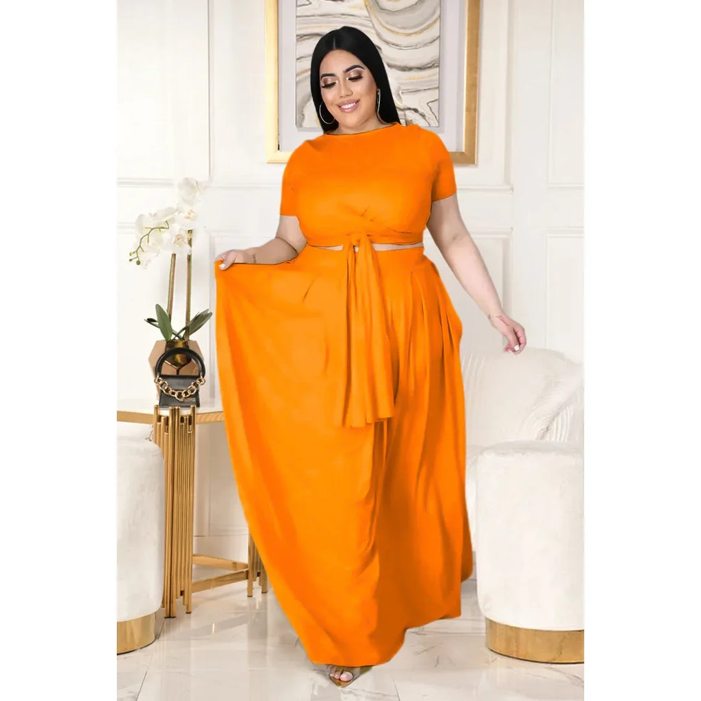 Plus Size Fashionable plus Size Women's Outfit Crossed Belted Skirt Two-Piece Set Solid Color Wide Hemline Stylish Ensemble